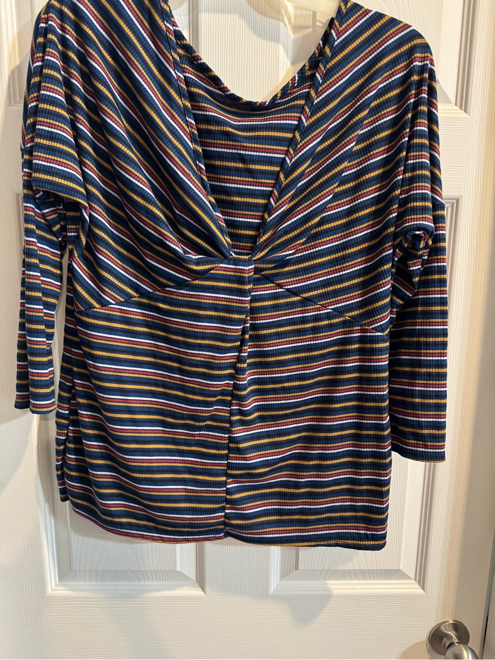 Ashley Stewart Navy Blue Striped Top with Mustard and White Accents